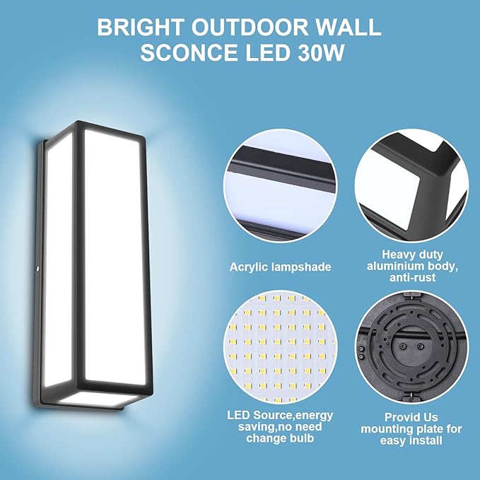 15 Inch LED Porch Light 30W 6500K Outdoor Wall Lighting 2400LM Aluminum Modern IP65 Waterproof Exterior Light Fixture Wall Mount for Patio Stairway Backyard