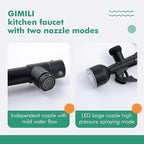 GIMILI Kitchen Faucet with LED Single Handle Kitchen Sink Faucet with Pull Down Sprayer Commercial Double-Headed Stainless Steel Kitchen Faucets Sink with Deck Plate Matte Black