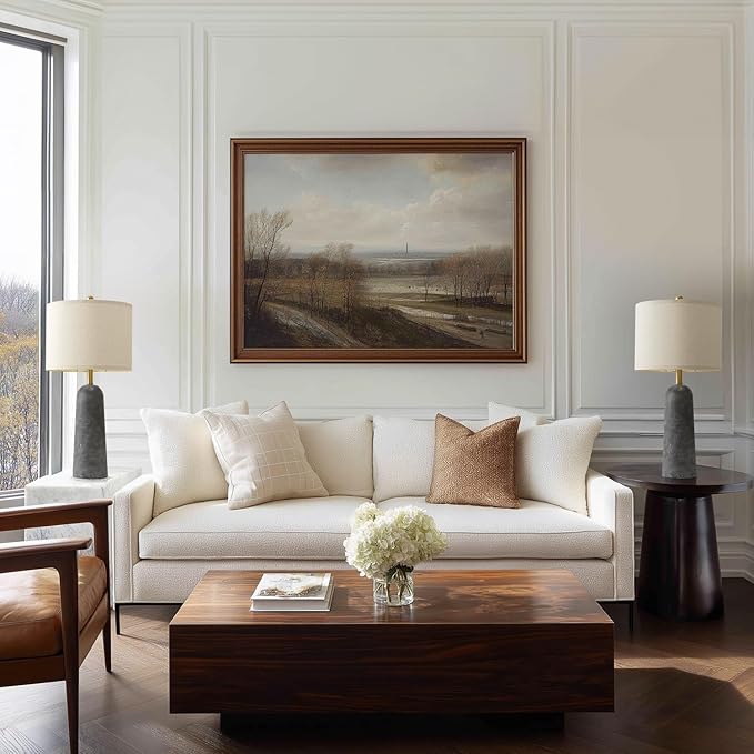 BOBOMOMO 27.25" Travertine Lamp Set of 2, Modern Lamps for Living Room with Linen Shades, Gray Resin Table Lamp with Natural Stone Look, Nightstand Lamp for Bedroom, Living Room, Entryway