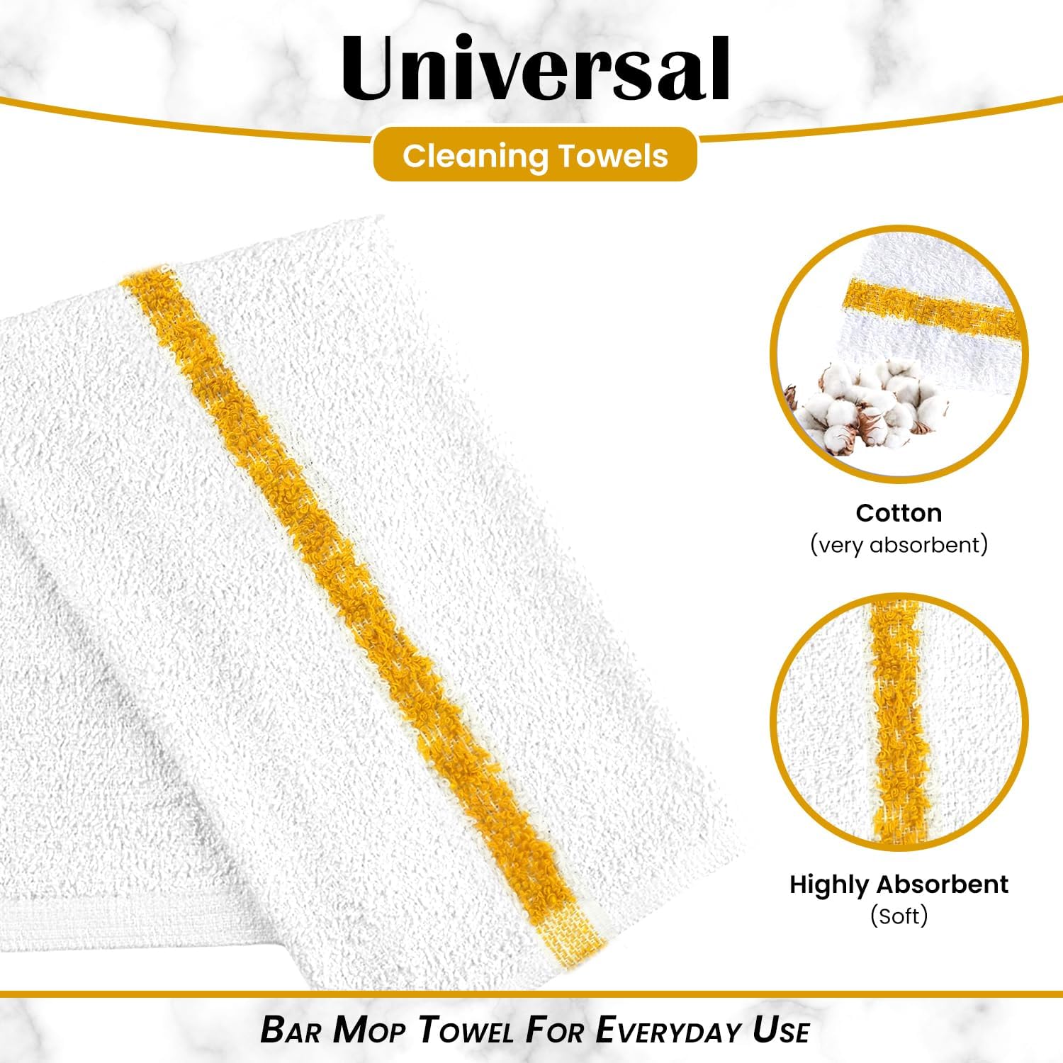 Bar Mops Gold Stripe Pack of 60 Kitchen Towels 16x19 Multi-Purpose for Home, Restaurant and Cleaning White Absorbent Washcloth Dishcloths Sets, Reusable Dish, Cloths Rags