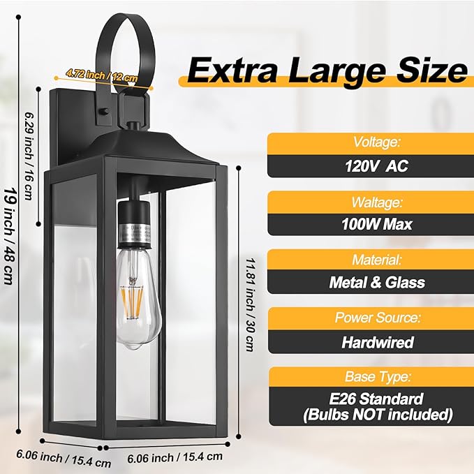 19" Large Outdoor Light Fixture 2 Pack, Porch Lights Sconce Exterior Lighting Fixtures, Black Outside Lights for House Modern Wall Lantern, Anti Rust Outside Coach Lamps for House, Doorway, Garage
