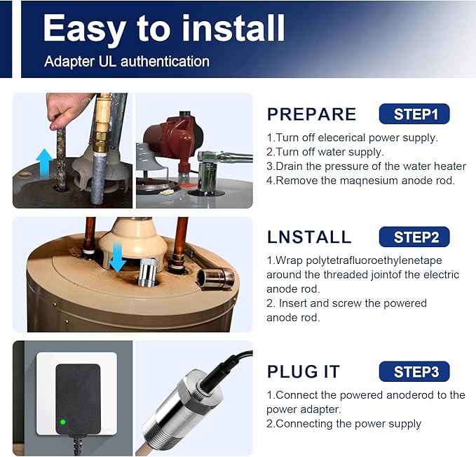 Powered Anode Rod, vattceel Water Heaters Titanium Anode Rod, Prevent Corrosion of Storage Tanks,Improving Water Quality, Up to 20 Years Service Life,NPT 3/4" Thread,For 30-90 Gallon Tank