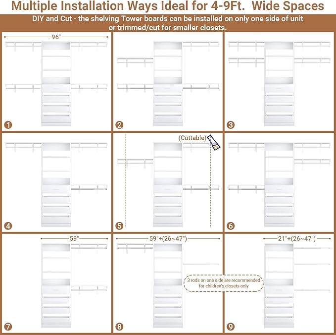 Aheaplus Closet System with 4 Drawers, 8FT Wood Closet Organizer System, 96’’ Closets Built In System Tower with Shelves, Walk-in Closets Wardrobe Clothes Garment Rack, Fits Spaces 4-9 ft, White