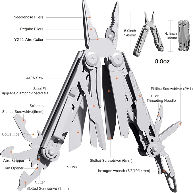Multitool Stainless Steel Multi-Tool Pliers 22-in-1 with Safety Locking, Pocket Knife, Bottle Opener, EDC Equipment With Pocket Clip for Survival, Camping, Hunting and Hiking.
