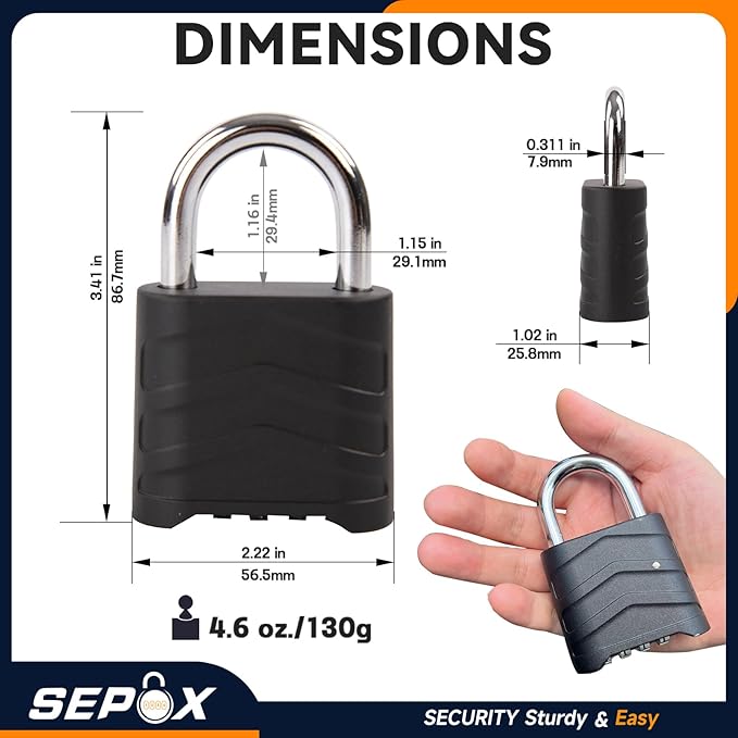 SEPOX 4PCS Large Combination Padlock, Outdoor Combo Lock 2.2" 55mm Heavy Duty Weatherproof, Ressetable 4 Digital, Security Aluminum Body, Uncuttable Shackle, for Warehouse, Home, School, Gate, Garden