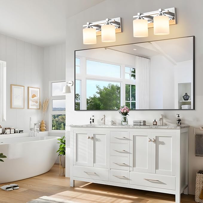 2 Light Modern Bathroom Light Fixtures Over Mirror, Chrome Vanity Lights for Bathroom Wall Sconces with Milky White Glass Shades, E26 Socket (Bulbs Not Included)
