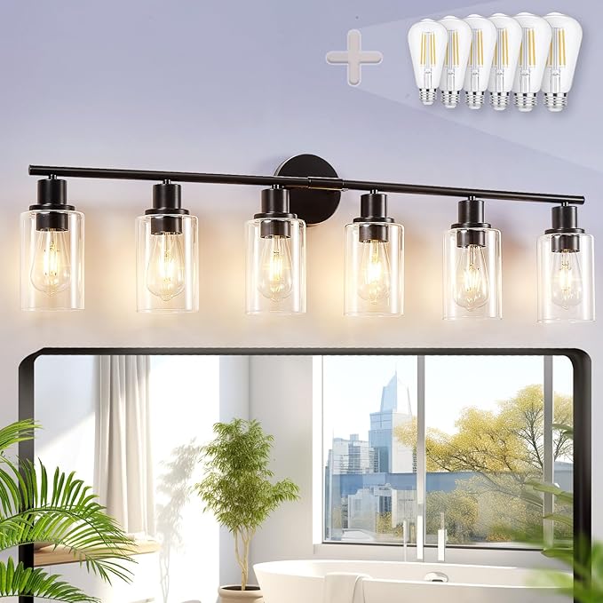DLLT 6-Light Bathroom Light Fixtures: Black Modern Vanity Lights with E26 Bulbs - Clear Glass Shade Bathroom Wall Lamp for Mirror Kitchen Living Room Hallway Cabinet Porch
