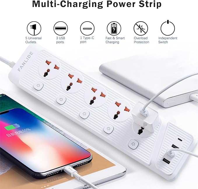 Universal Power Strip with USB C, 5 Outlets 3 USB and 1 USB C Ports, 6.5ft Power Cord Circuit Breaker