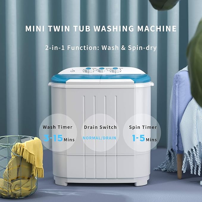 Auertech Portable Washing Machine, Mini Twin Tub Washers with 9lbs Washer, 5lbs Spinner, Compact Laundry Washer with Time Control, Small Washing Machine for Apartments, Dorm, RV