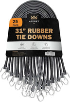 ATERET Rubber Bungee Cords with Hooks I 31 Inch, 47" Max Stretch I Heavy-Duty Black Tie Down Straps for Outdoor, Tarp Covers, Canvas Canopies, Motorcycle, and Cargo, Pack of 25