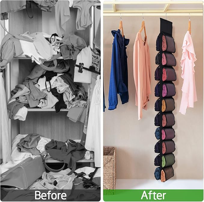 Aulock Legging Organizer for Closet, Hanging Closet Storage Organizer System, Clothes Closets Holder with 20 Roll Independent Compartments for Yoga T-Shirts Bras Socks Pants Tank Top Towel (Black)