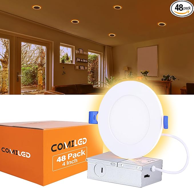 48 Pack 4 Inch Led Recessed Lights with Night Light, Canless Ultra Thin Wafer Soffit Recessed Lighting Downlight, Dimmable & 5 Color Temperature Selectable, 9W, ETL, White