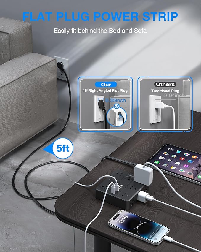 Flat Plug Surge Protector Power Strip, HUNIAN 12 Widely Spaced Outlets with 6 USB Charger (2 USB C Ports), 10 Ft Extension Cord Desk Charging Station for Home Office Supplies, Dorm Room, Black