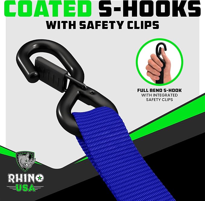 Rhino USA Ratchet Straps Heavy Duty Kit (4-Pack) - 1.6 Inch x 15 Feet (5,208lb Break Strength) - Ultimate Tie Down Straps with Safety S Hooks for Trucks, ATV, UTV, Motorcycle, Cargo & More - Blue