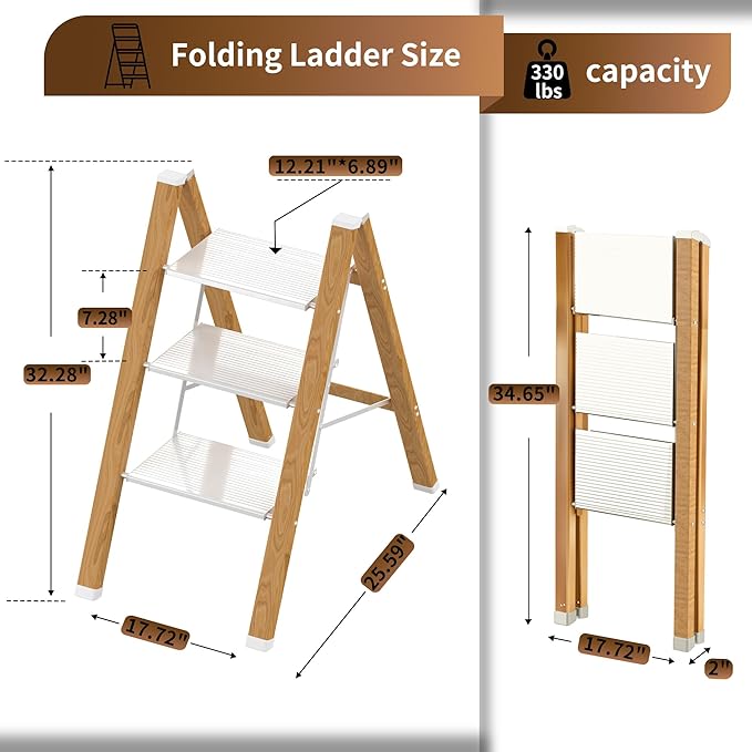 3 Step Ladder, Portable Step Ladder Folding, Lightweight Step Ladder with Anti-Slip Pedal, Aluminum Indoor and Closet, Kitchen, 330lbs - White & Wood Grain
