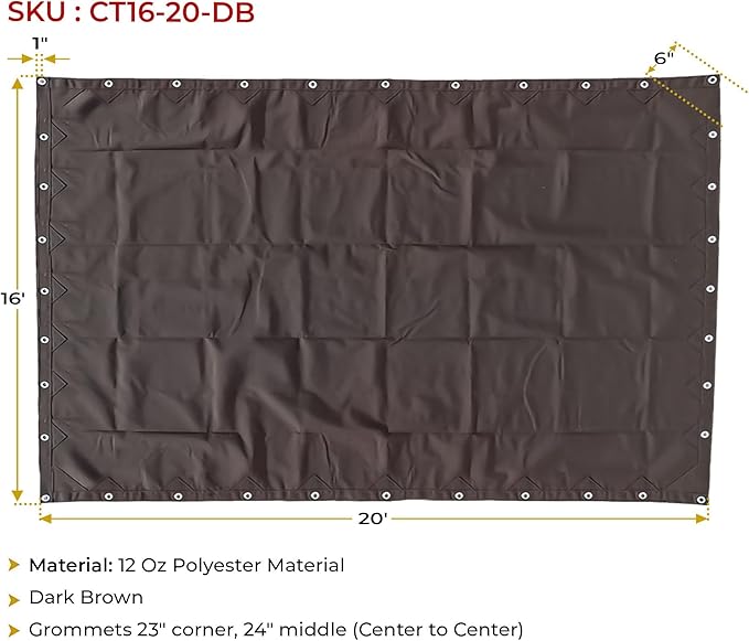 Mytee Products 16' x 20' Dark Brown 12oz Canvas Tarp with Grommets - Water Resistant - Heavy Duty Canvas Tarps - Multipurpose Tarpaulin Cover for Canopy Tent, Roof, Camping, Semi Trucks & Cargo