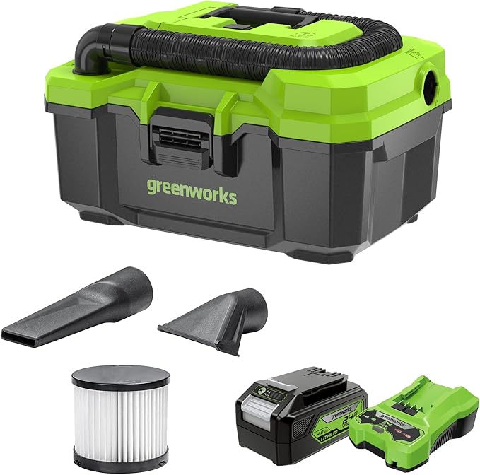 Greenworks 24V Brushless 3 Gallon Cordless Wet/Dry Shop Vacuum with with Hose, Crevice Tool, Floor Nozzle, 4.0Ah Battery and Charger Included