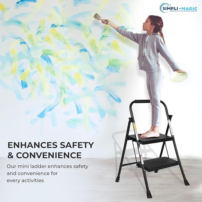 SIMPLI-MAGIC 2-Step Ladder, 800 LBS Capacity Folding Step Stool – Anti-Slip Wide Steps & Handgrip – ANSI Certified Lightweight & Durable Steel Stepping Stool for Kitchen, Home, Office & Garage