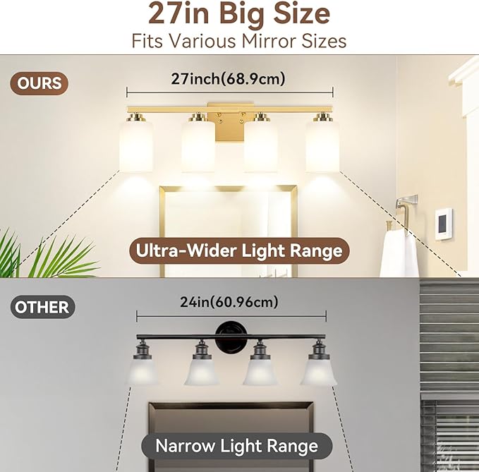 4-Light Bathroom Light Fixtures, 27" Modern Vanity Lights Over Mirror with Milky White Glass Shade, Gold Wall Sconce, Classic Wall Light Fixture for Mirror Living Room Cabinet Bedroom Porch Kitchen