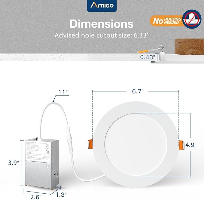 Amico 6 Pack 6 Inch 5CCT Ultra-Thin LED Recessed Ceiling Light with Metal Junction Box, 2700K-5000K Selectable, 12W Eqv 110W, Dimmable Canless Wafer Downlight with Plastic Trim, 1050 Lumens -ETL&FCC