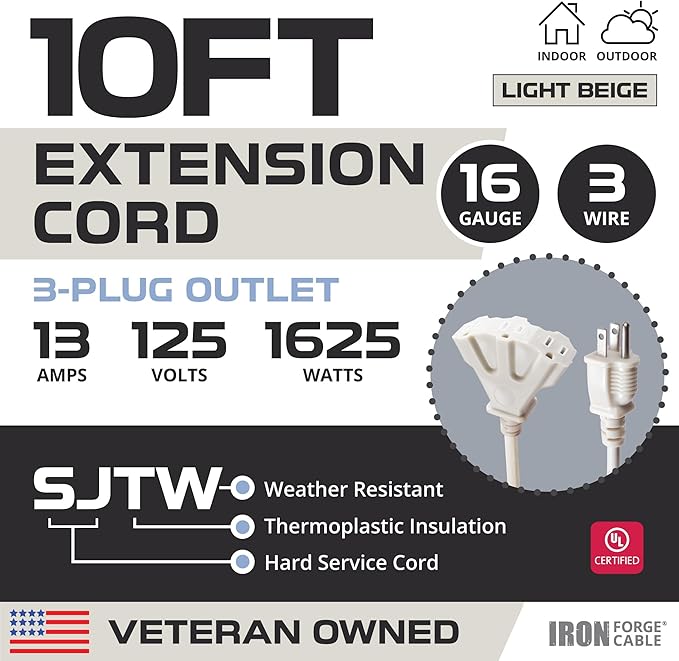 Iron Forge Cable Weatherproof 10 Ft Outdoor Extension Cord with 3 Outlets - 16/3 SJTW Heavy Duty Beige Extension Cord 3 Prong - 13 Amp Power Cable