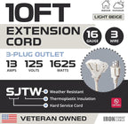 Iron Forge Cable Weatherproof 10 Ft Outdoor Extension Cord with 3 Outlets - 16/3 SJTW Heavy Duty Beige Extension Cord 3 Prong - 13 Amp Power Cable