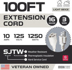 Iron Forge Cable Weatherproof 100 Ft Outdoor Extension Cord - 16/3 SJTW Heavy Duty Beige Extension Cord 3 Prong - 10 Amp Exterior Power Cable