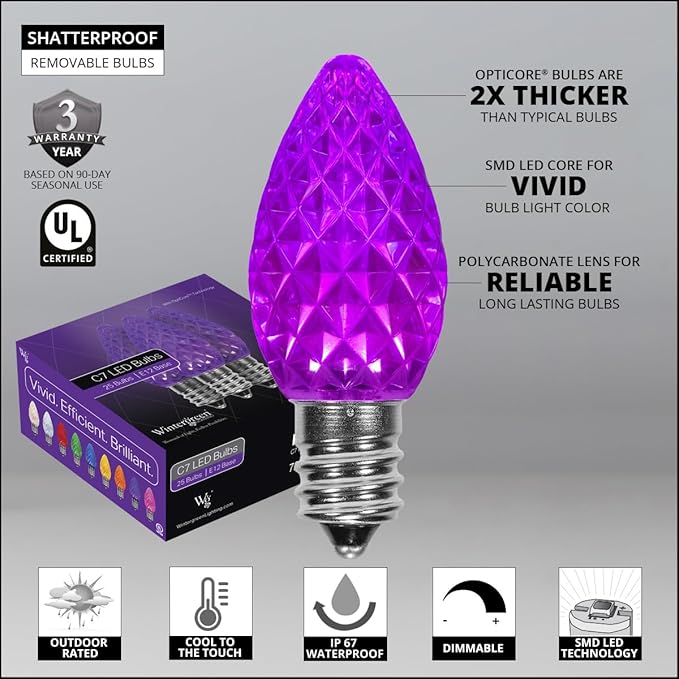 Wintergreen Lighting 25 Pack OptiCore C7 LED Christmas Light Bulbs - Replacement LED Christmas Lights Heavy Duty Premium Outdoor Christmas Lights, E12 Base (Purple Faceted)