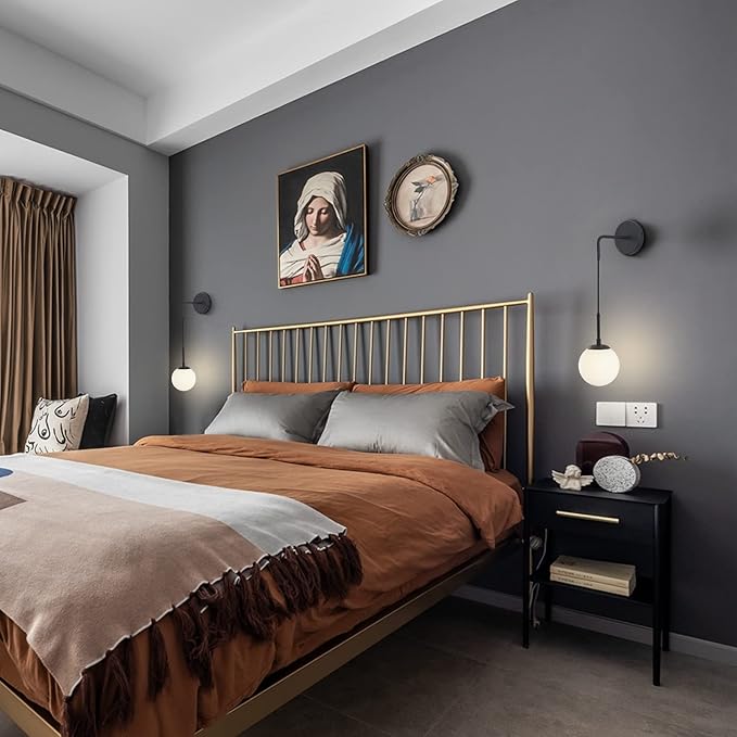 KCO Lighting Frosted White Glass Wall Sconce Set of Two Black Globe Ball Wall Light Adjustable Cord Industrial Vanity Wall Lamp for Bathroom Mirror Bedside Stairs (White)