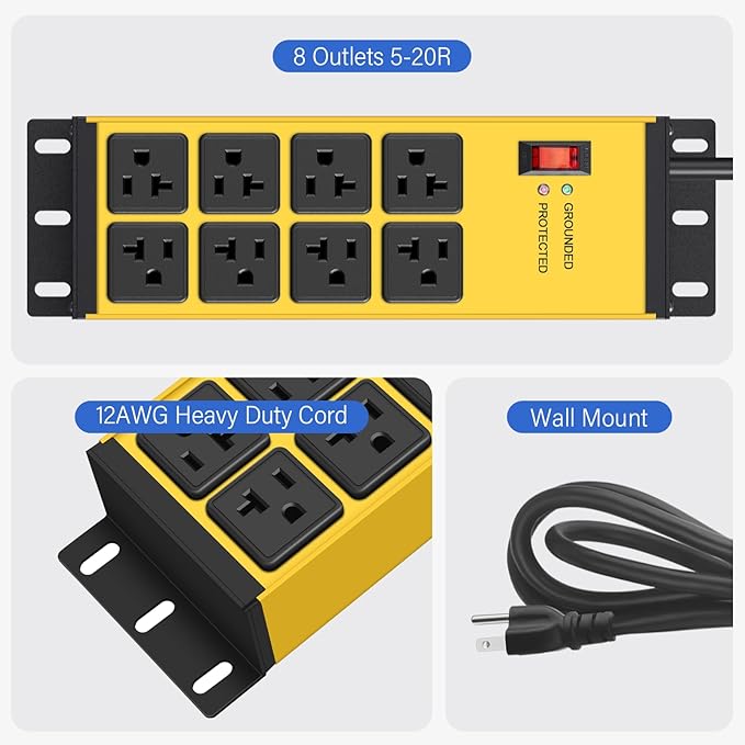 CCCEI Yellow Heavy Duty Power Strip Surge Protector 20 AMP, 8 Outlets 12 Gauge Industrial Shop Garage Metal Multiple Outlets, 25 FT Extension Cord 5-15P Adapter High Amp 6-20R T-Slot 20a for Appliance