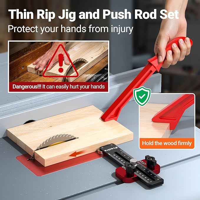 Preciva Thin Rip Jig & Push Stick - Aluminum Alloy Table Saw Jig for Repetitive Narrow Strip Cutting, Fast, Accurate Guide for Table Saws, Band Saws, Routers, Fits 3/8" x 3/4" & 1/4" x 3/8" T-slot