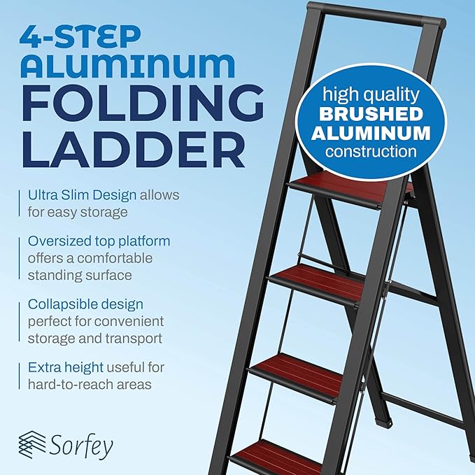 Step Ladder 4 Step Folding, Decorative - Beautiful Mahogany & Black Aluminum, Ultra Slim Profile, Anti Slip Steps, Sturdy-Portable for Home, Office, Kitchen, Photography Use,by SORFEY