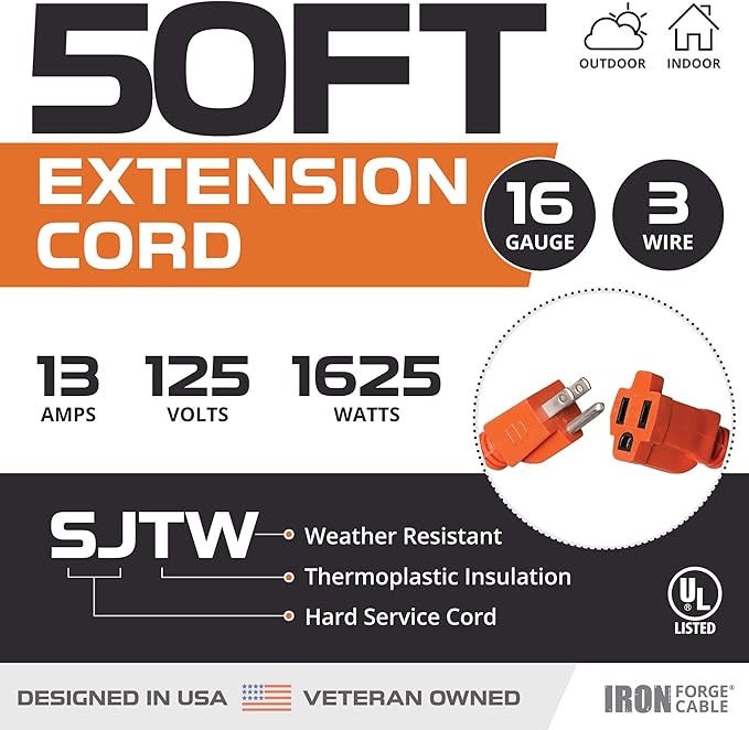 IRON FORGE CABLE 50 Ft Orange Extension Cord - 16/3 SJTW Heavy Duty Outdoor Extension Cable with 3 Prong Grounded Plug for Safety - Great for Garden & Major Appliances