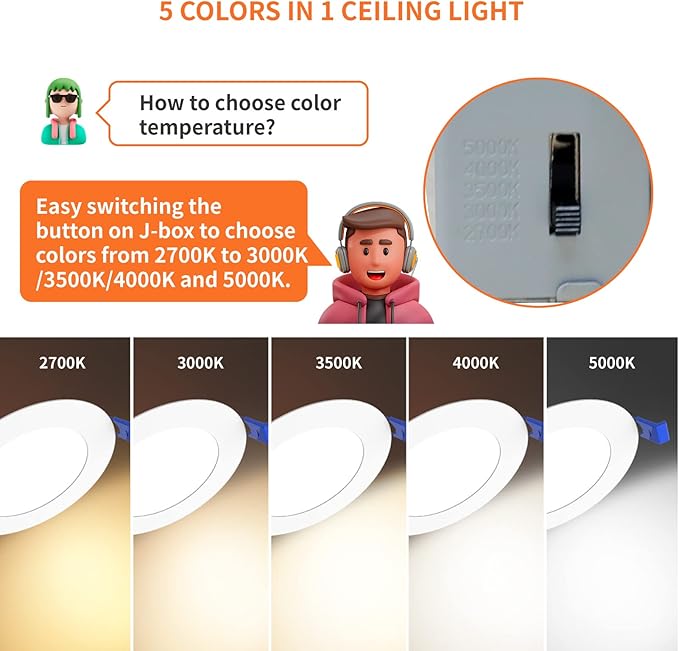 Meconard 6 Pack 4 Inch LED Recessed Ceiling Light with Junction Box, 2700K/3000K/3500K/4000K/5000K Selectable, 9W=75W 750LM, Dimmable Canless Downlights, ETL and Energy Star Listed