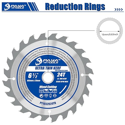 6-1/2-Inch 24-Tooth Circular Saw Blade, 0.059" Ultra Thin Kerf Blade 20mm Bore (16mm Reduction Ring Included),TCT ATB Framing Blade for Wood Fast Cutting