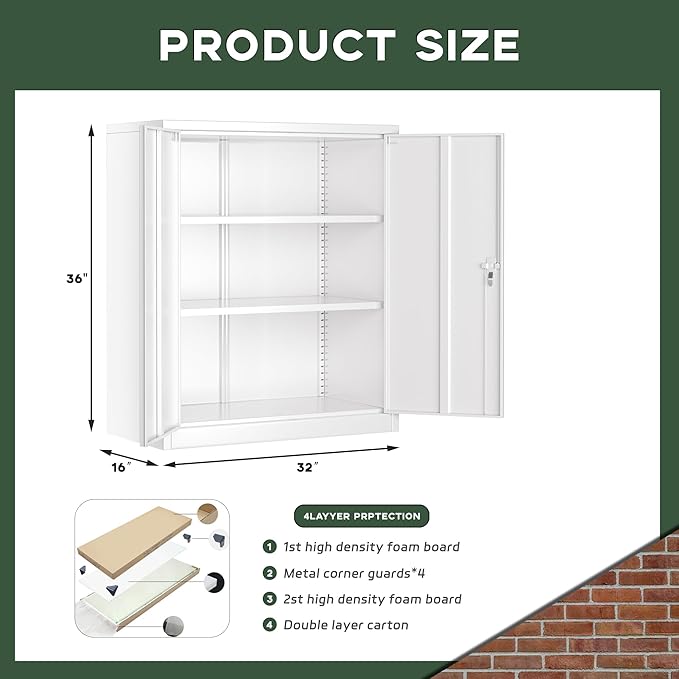 Greenvelly Metal Storage Cabinet, 36" Locking Storage Cabinet with Doors and Shelves, Lockable Storage Cabinets for Home Office, Utility Locker Cabinet, Steel Garage Cabinet with 2 Keys, White Grey