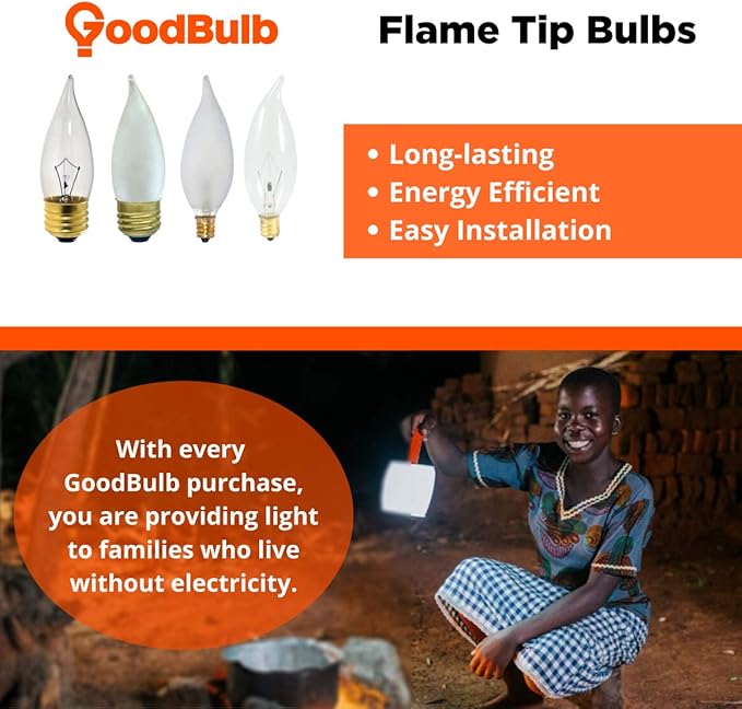 GoodBulb 15-Watt Incandescent Flame Tip Light Bulbs | CA10 Clear Finish E12 Base 2700K Warm White Color | Dimmable 100 Lumens | Decorative Chandelier Bulbs | Pack of 12 Bulbs