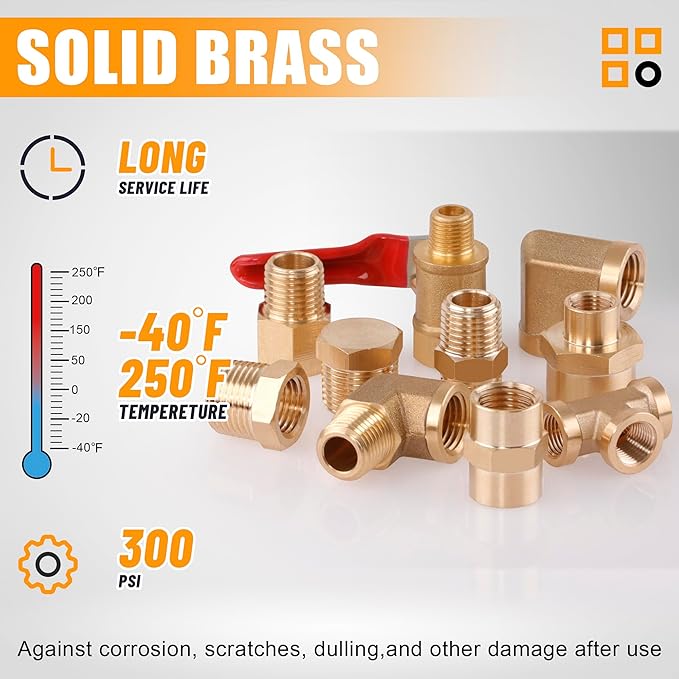 105PCS Brass Pipe Fittings Assortment Kit NPT Adapter,Reducer Bushing, Hex Nipple, Reducing Hex Coupling,90 Degree Street Elbow,Street Tee,Ball Valve,Hex Head Plugs,Socket Plug Fittings Kits