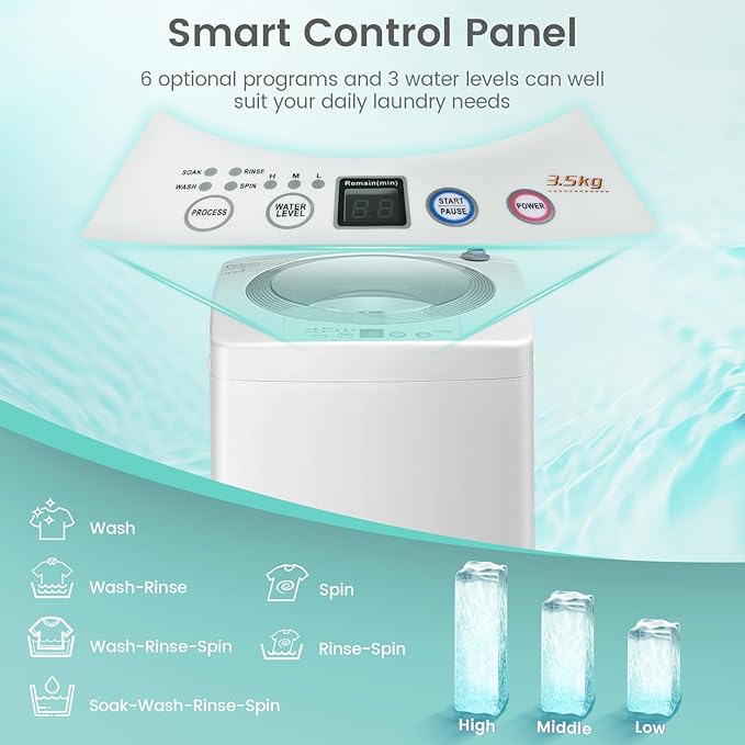 RELAX4LIFE Full-Automatic Portable Washing Machine, 8 LBS Capacity w/6 Programs & 3 Water Levels, LED Display, Drain Pump, Compact Laundry Washer and Dryer Combo for Home, Dorm, Apartment, RV, Camping