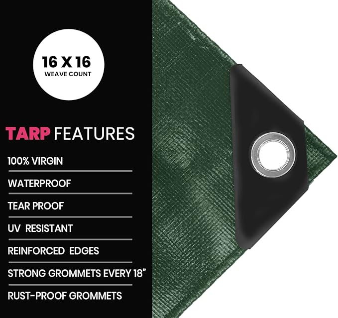 PROTARP Extreme Heavy Duty 22 Mil Tarp Cover, Waterproof, UV Resistant, Rip and Tear Proof, Poly Tarpaulin with Reinforced Edges for Roof, Camping, Patio, Pool, Boat. (Green/Black 24′ X 30′)