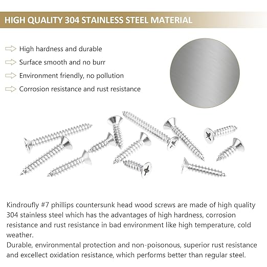 162 Pieces #7 x 1/2" 5/8" 3/4" 1" 1-1/4" Phillips Countersunk Head Self-Tapping Screws, Wood Screws Assortment Kit, 304 Stainless Steel