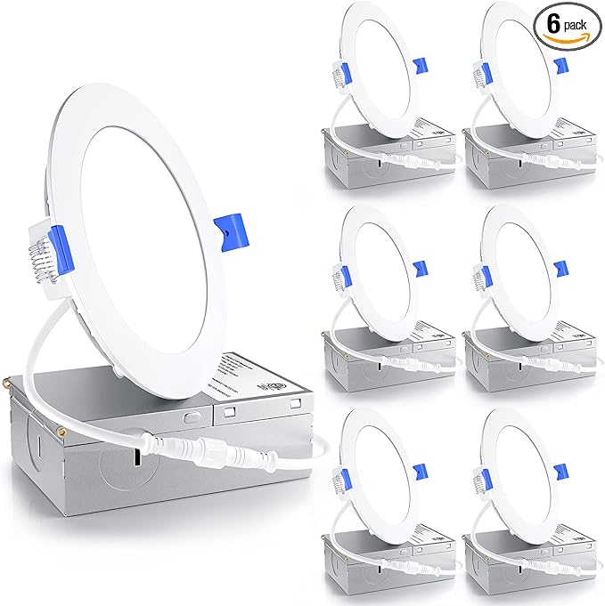 Ensenior 6 Pack 4 Inch LED Recessed Light, Dimmable, 2700K Soft White, 750LM High Brightness, 9W 120V, Damp Rated, Ultra-Thin Canless Wafer Ceiling Light - ETL & FCC & IC