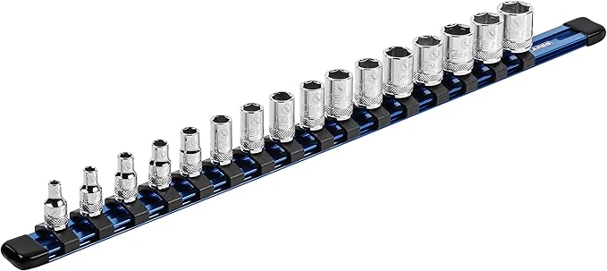 ARES 60042-1/4-Inch Drive Blue Aluminum Socket Organizer - Store up to 16 Sockets and Keep Your Tool Box Organized - Sockets Will Not Fall Off this Rail