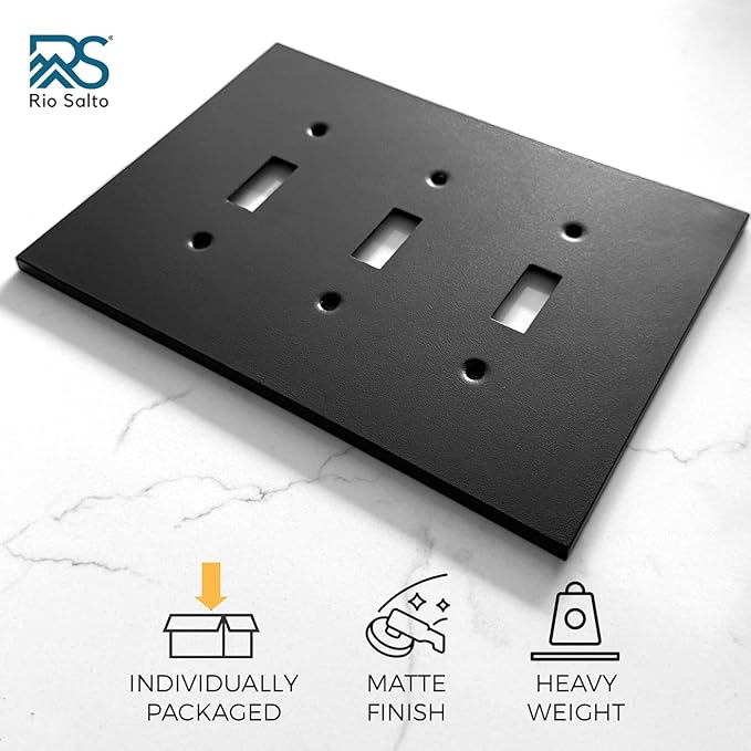 RIO SALTO Modern Metal Matte Black Triple Toggle Light Switch Cover Metal Decorative Toggle Switch Covers Wall Plate Outlet Cover Black Wall Electric Outlet Socket Triple Togle - Midsize 3 Gang