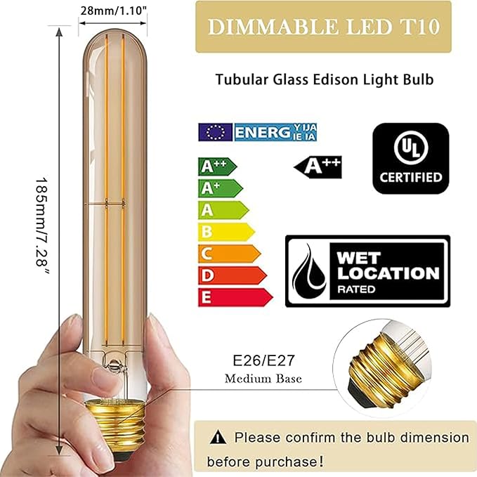 7.3 Inch 2200K Edison Bulbs Amber Dimmable,Vintage Style Decorative Antique Light Bulb,T10 Long Tubular LED Light Bulbs,6W E26 LED Bulb 80 Watt,UL Listed(4 Pack)