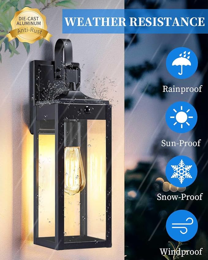 18'' Large Motion Sensor Outdoor Lights 2 Packs, Dusk to Dawn Exterior Lighting Fixtures, Modern Black Outdoor Sconces Porch Light for House, Outside Farmhouse Wall Lanterns for Front Door, Garage