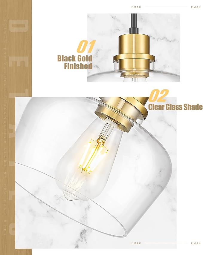 Emak 2 Pack Black Gold Pendant Lights Kitchen Island, Modern 8 Inch Clear Glass Pendant Light, Farmhouse Island Lights for Kitchen, Bathroom, Dining Room, PL122-BKBGD-CG-2PK