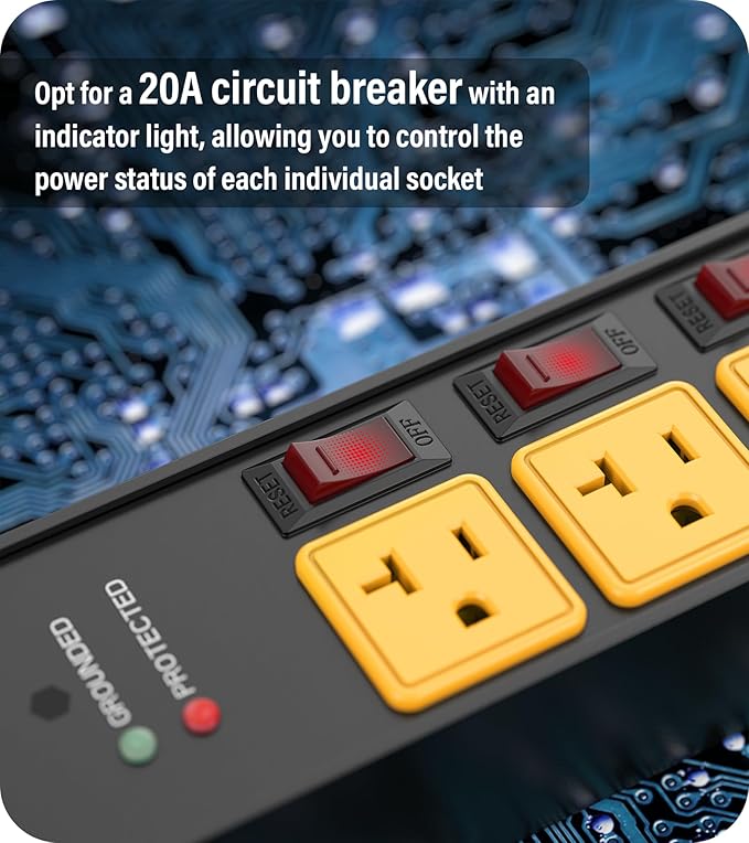 CCCEI Heavy Duty Surge Protector Power Strip 20 Amp Individual Switches. 4FT 12 Gauge Extension Cord with Multiple Outlets. Kitchen, Garage, Shop, Industrial Wall Mount Electric Extender, Yellow.