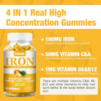 1 Pack 100MG Iron Supplement Gummies for Women & Men - with Vitamin A, C, B - Blood Builder ＆ Energy Support for Iron Deficiency, Anemia, Adults ＆ Children, Vegan, Pineapple Flavor Gummy, 60ct