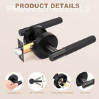 Black Matte Door Handles Interior No Lock, Passage Door Levers for Hallway & Closet, Modern Knurled Round Reversible Handle, 1 Pack